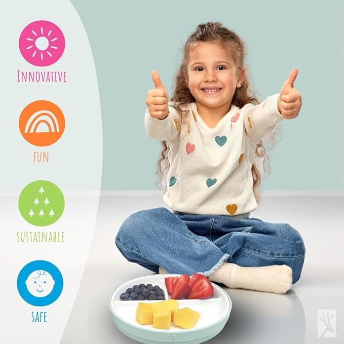 Elk and Friends Kids 7.8” Porcelain Divided Plates with Silicone Suction Sleeves | Suitable for Kids/Toddlers | Microwave & Dishwasher Safe | Non Slip | Snack Dishes | 4 Pack