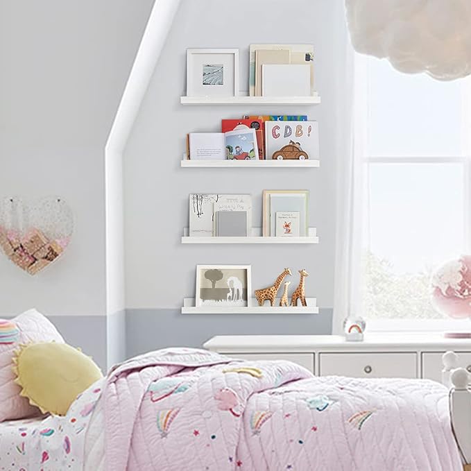 Forbena 24 Inch White Floating Shelves for Wall Set of 4, Wood Nursery Book Shelves for Kids Bedroom, Long Picture Ledge Shelf with Lip for Living Room Bathroom Office and Baby Wall Bookshelf