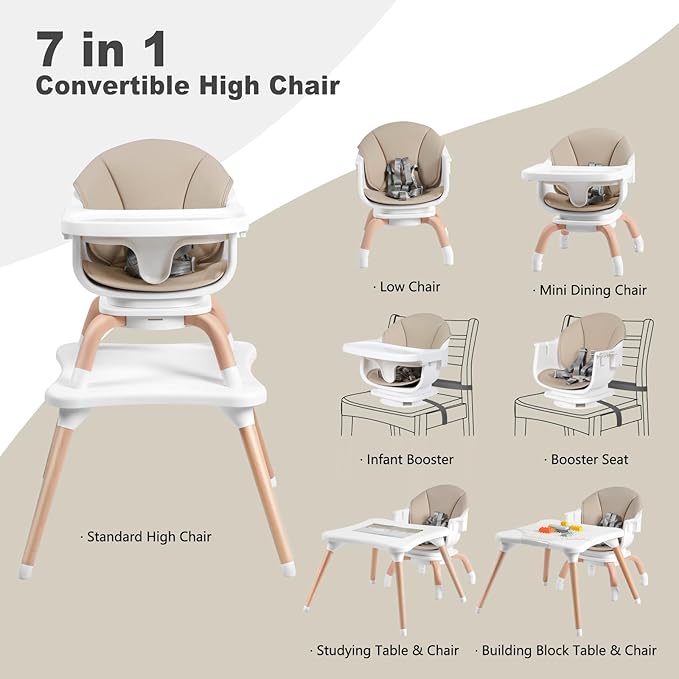 Baby High Chair, 7 in 1 Convertible High Chairs for Babies and Toddlers, Kids Learning Table, Building Block Table, Toddler Dining Chair with 360° Rotating Seat, 5-Point Safety Harness (Khaki)