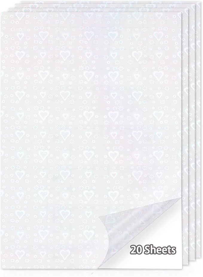 20 Sheets Holographic Sticker Paper,8.5x11 Inch Clear Printable Vinyl Sticker Papers,Self-Adhesive Waterproof for Inkjet/Laser Printer（Clear Heart）
