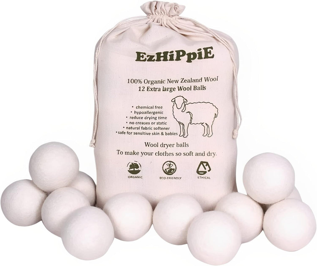 Ezhippie Quality Wool Dryer Balls - 12 XL Pack - 1000+ Loads - Pure Organic Wool - Reusable Natural Fabric Softener Perfect with Essential Oils, Reduce Clothing Static and Wrinkles