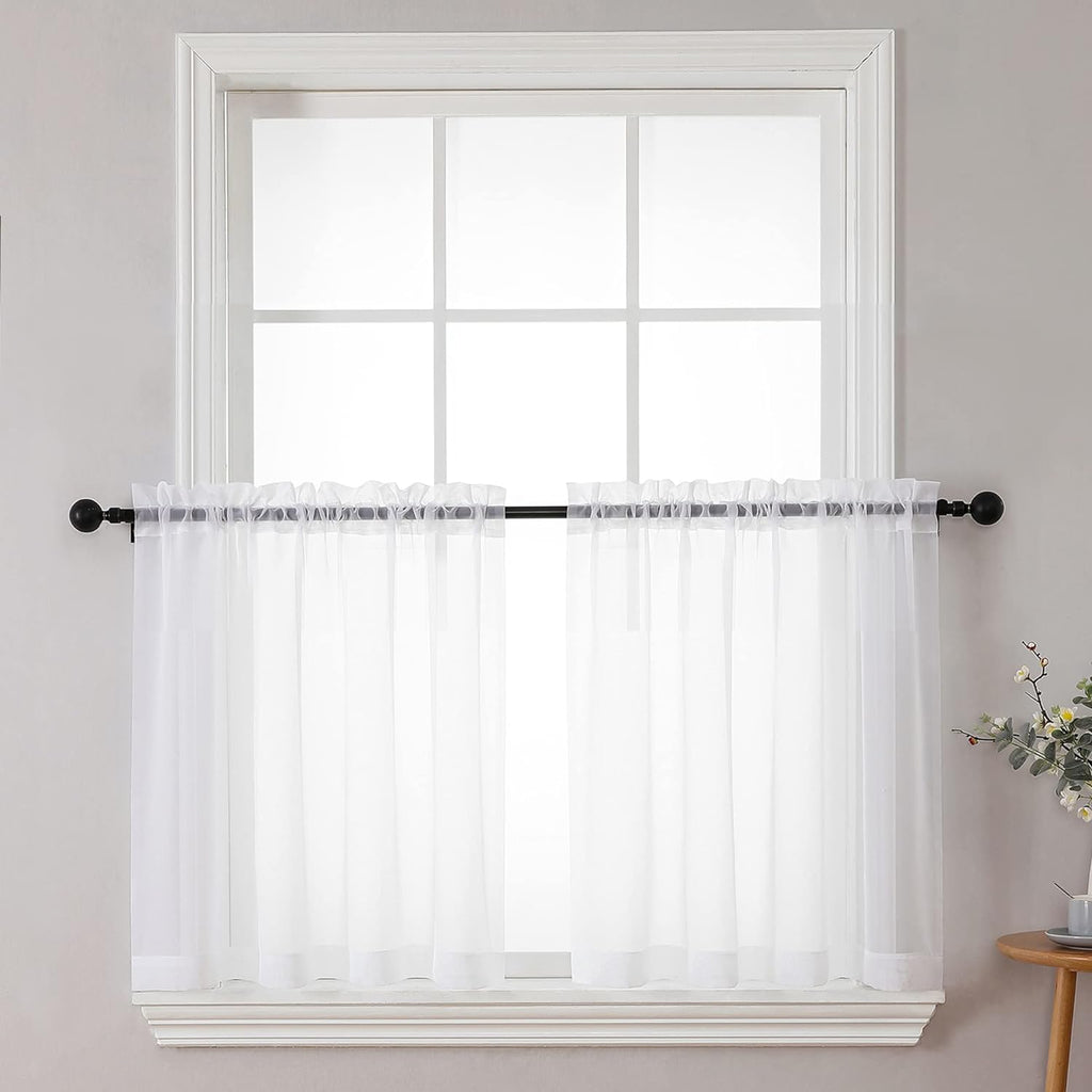 Chyhomenyc Sheer White Tier Curtains 24 Inch Length Set, Small Window Curtains Treatment for Bathroom/Living Room/Cafe/Basement, Short Voile Curtain Tiers 42in x 24in, Rod Pocket, 2 PCS