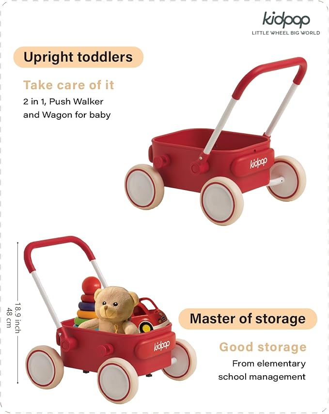 PULA Baby Push Walker with Wheels Toddler Wagon for First Learner Baby Toys 6-12 Months, 1 Year Old Birthday Gifts, Indoors and Outdoors (Red)