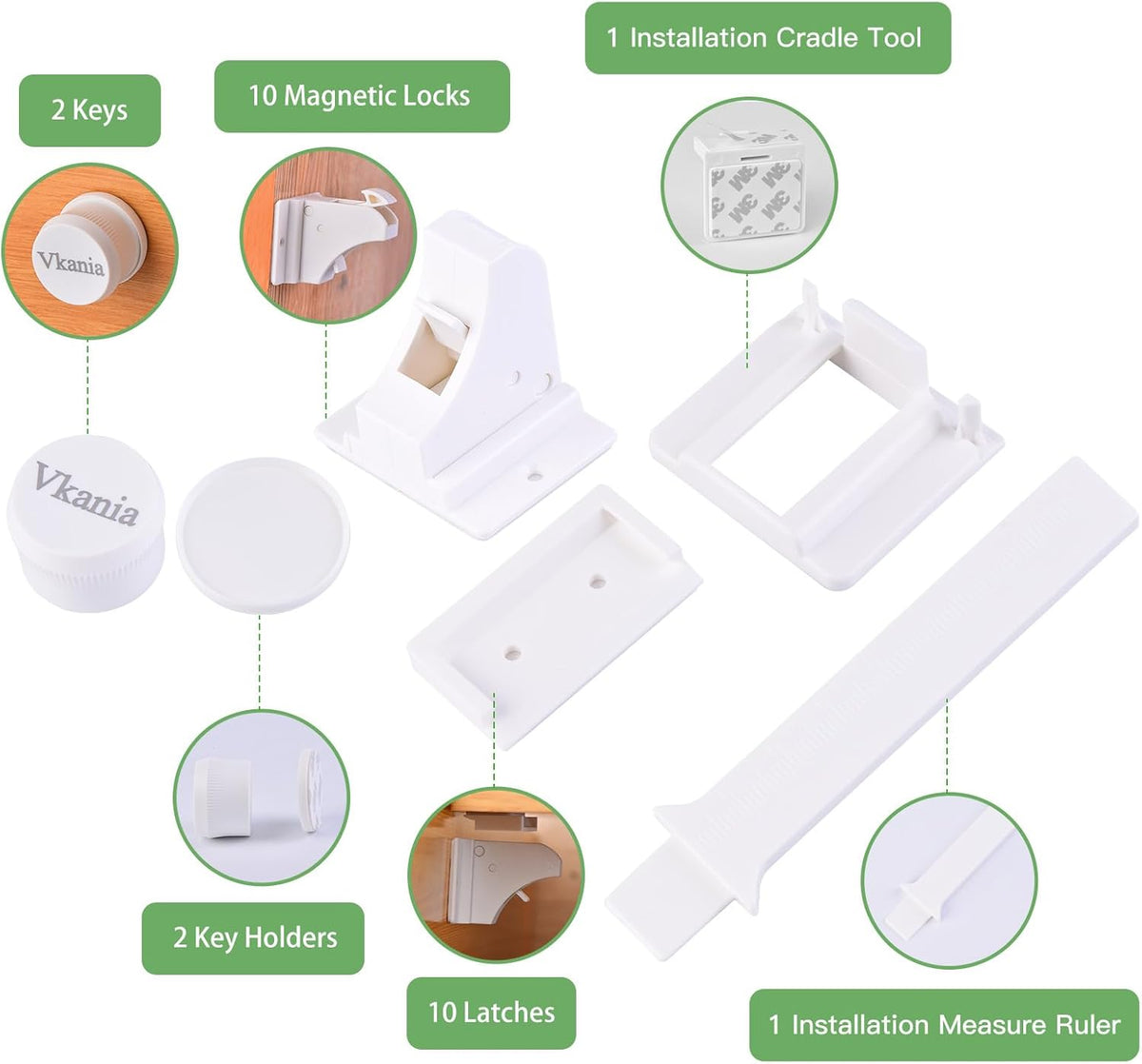 10 Pack Vkania Magnetic Cabinet Locks Baby Proofing - Baby Safety Latches for Drawers and Cabinets - Easy Installation No Drilling