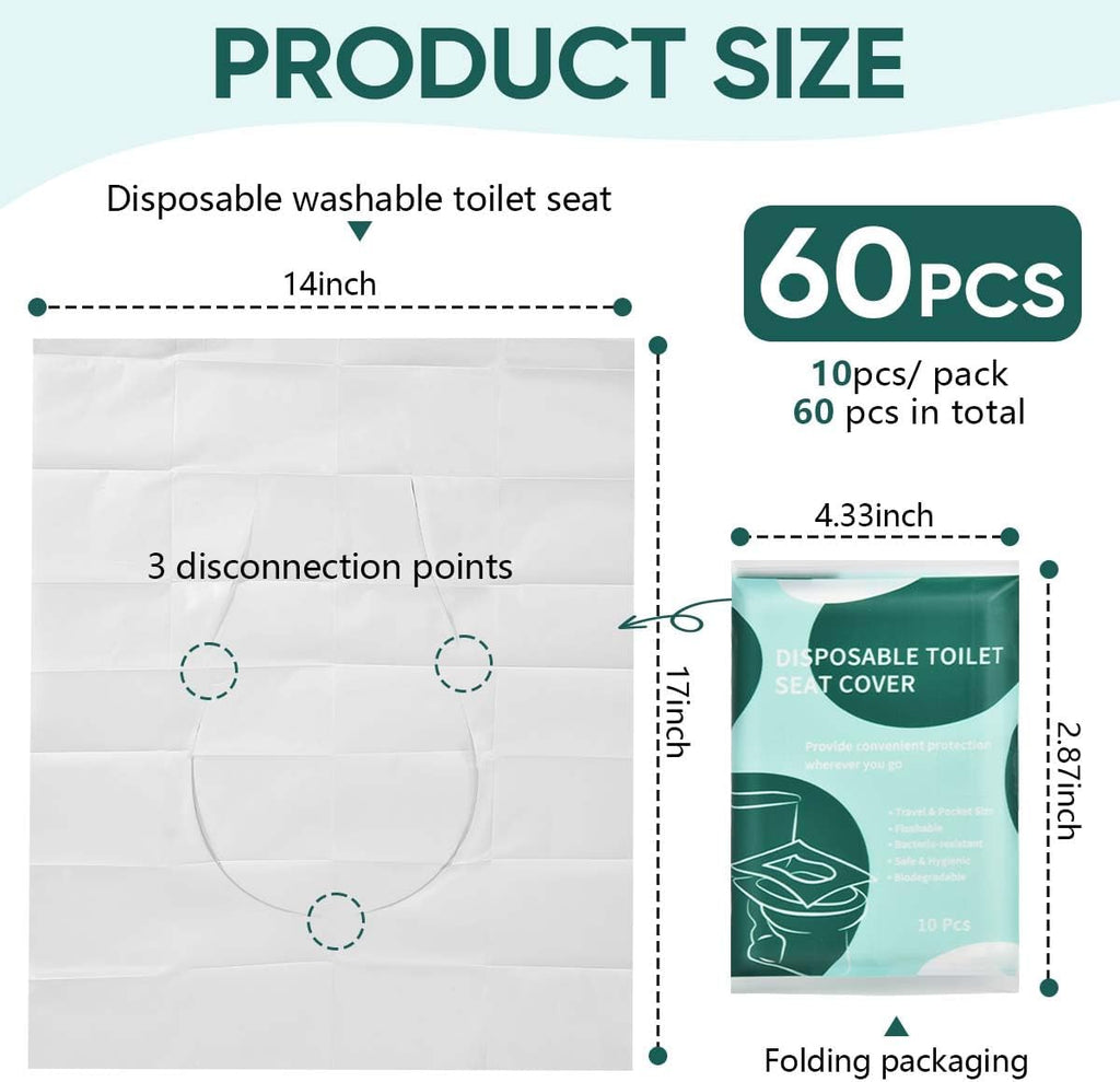 60 Pcs Disposable Flushable Paper Toilet Seat Covers Travel Supplies Essentials for Airplane, Public Restrooms, Bathroom, Hotels, Camping, Kids or Adults