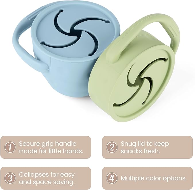 Silicone Snack Cups for Toddlers, Snack Containers with Lids, Foldable Baby Food Catcher with Holders and Dustproof Lid, 2 Pack (Color 1)