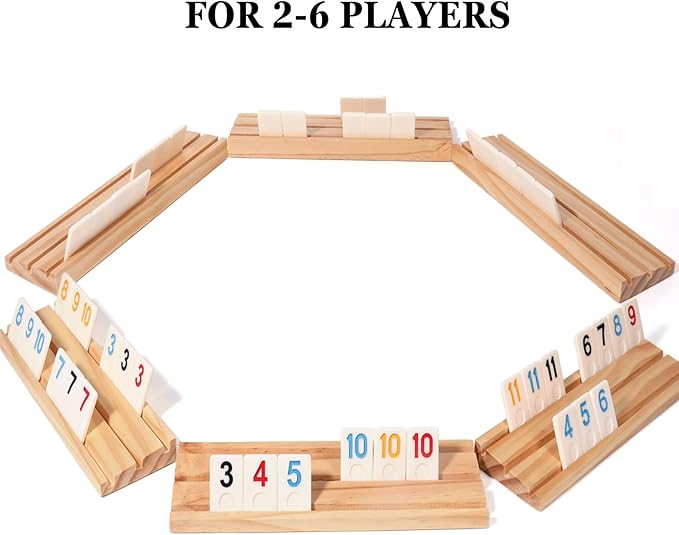 Upgraded 2-6 Players Rummy Cube Board Game Set with 6 Wooden Racks, 160 Tiles, Portable Case, Drawstring Bag and Dice, for Adults Friends Night Gifts Travel Party Sharpens Brain