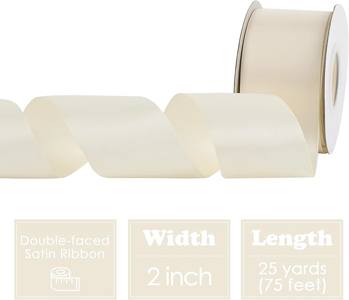 HUIHUANG Ivory Satin Ribbon 2 inch Wide Double Faced Satin Ribbon Beige Ribbon for Gift Wrapping, Bows Making, Flower Bouquet, DIY Crafts, Bridal Shower, Holiday Party Decor -25 Yards/Roll