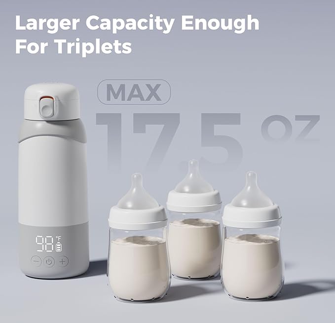 Portable Milk Warmer Pro for Travel, Detachable Bottle Warmer with Rapid and Stable Heating for Breast Milk & Water, 17.5 oz Capacity and Extended Battery Life for on the Go
