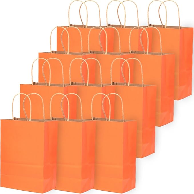 qiqee 60 pcs Kraft Bags with Handles 7.6"x4.75"x10.5" Medium Gift Paper Bag Orange Solid Color Bags