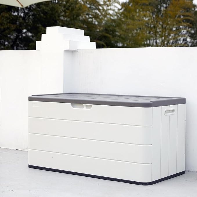 Heavy-Duty 100 Gallon Outdoor Storage Box - Waterproof Deck Box & Large Storage Bin for Patio/Pool, All-Weather Resin Chest with Lock, UV-Resistant, Alpine White
