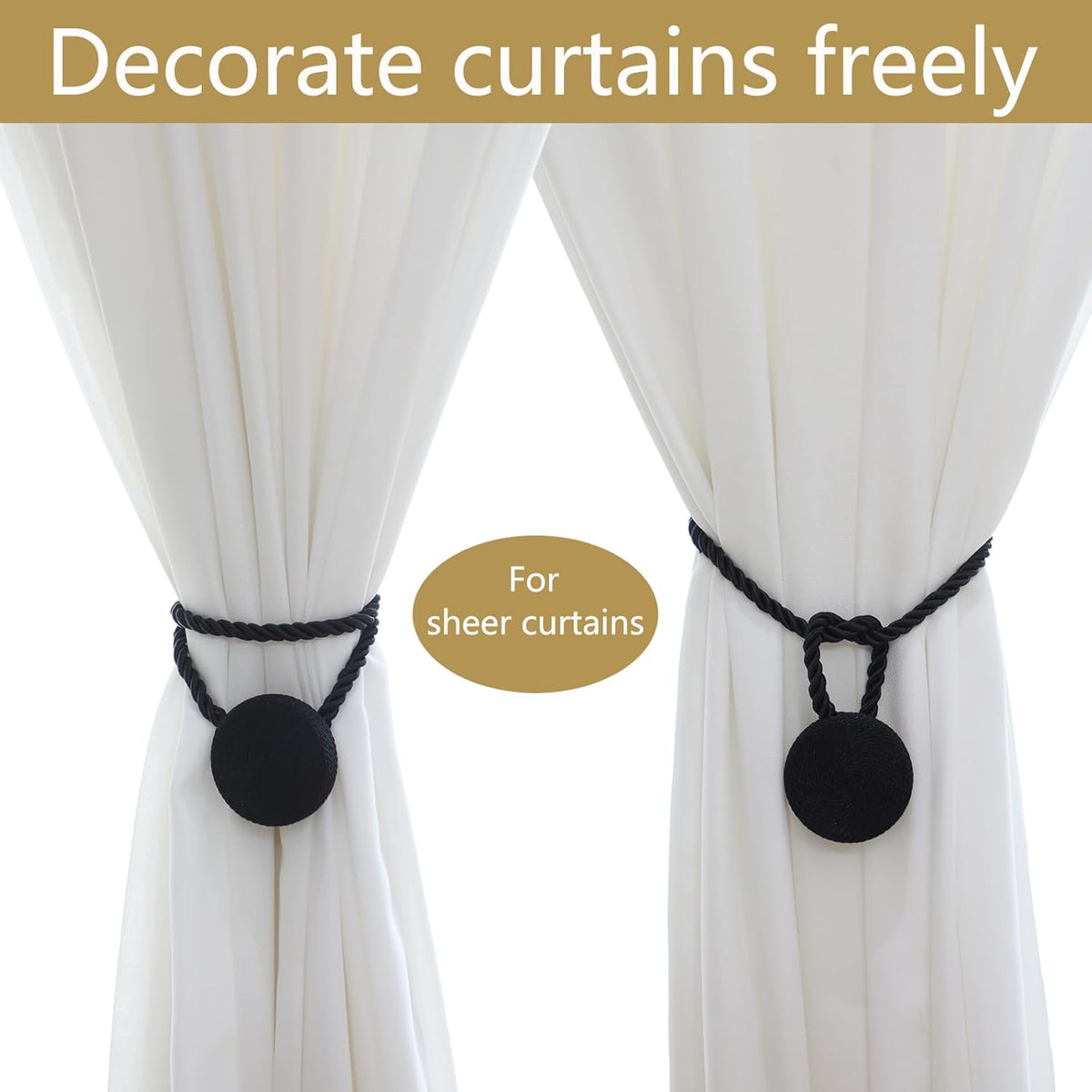 Magnetic Curtain Tiebacks - 12mm Magnetic Tie Backs for Curtains, Heavy Duty No Drill Curtain Holdbacks for Home/Office Windows Drapes, Elegant Gift-Ready Design 7 Colors (2, Black)