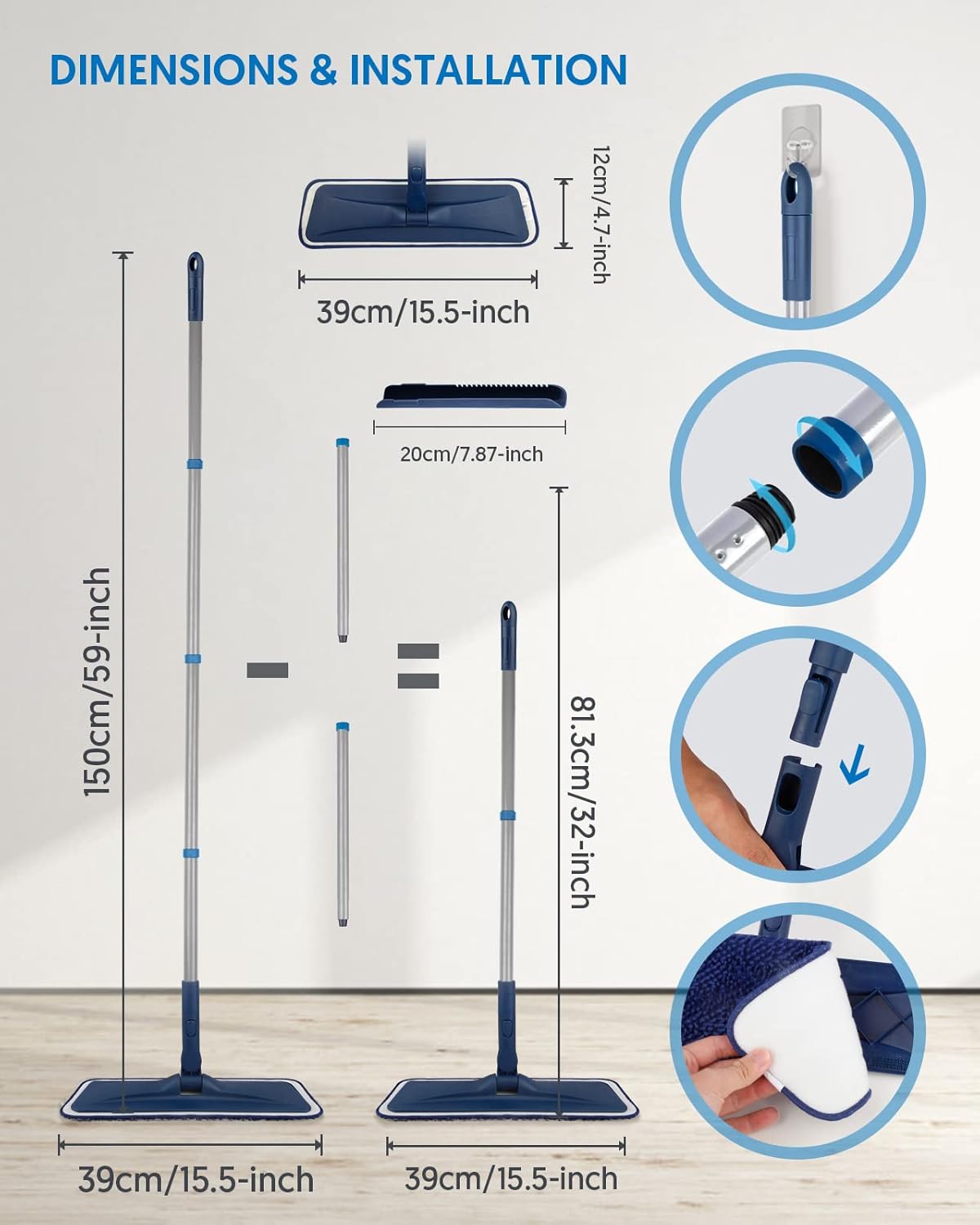 Microfiber Mops for Floor Cleaning - BPAWA Flat Floor Mop Wet Dry Use for Hardwood Floors Laminate Wood Tile Vinyl Wall Hard Surface, Bathroom Kitchen Dust Mop with 4 Reusable Washable Chenille Pads