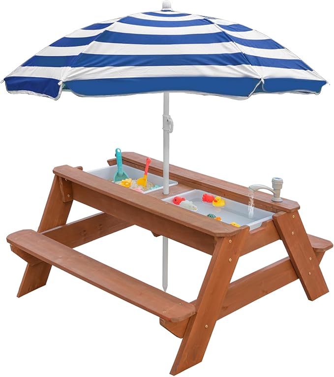 Kids 3-in-1 Sand & Water Activity Table, Wood Outdoor Convertible Picnic Table, 2 Play Boxes, Removable Top with Faucet, Picnic for Outdoor Backyard Patio Play (Brown/Navy)