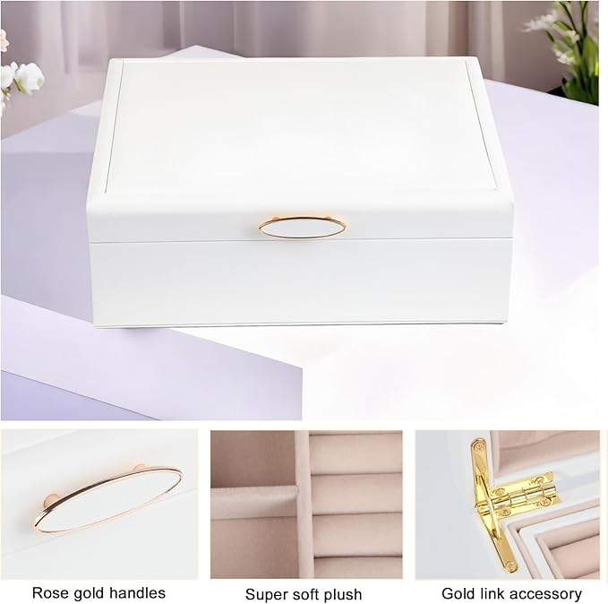 Small Jewelry Organizer for Women, 2-Layer Travel Jewelry Box with Portable Case, Necklace Ring Storage for Dresser, Girls Teens Gifts (White)