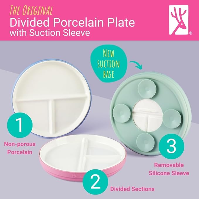 Elk and Friends Kids 7.8” Porcelain Divided Plates with Silicone Suction Sleeves | Suitable for Kids/Toddlers | Microwave & Dishwasher Safe | Non Slip | Snack Dishes | 4 Pack