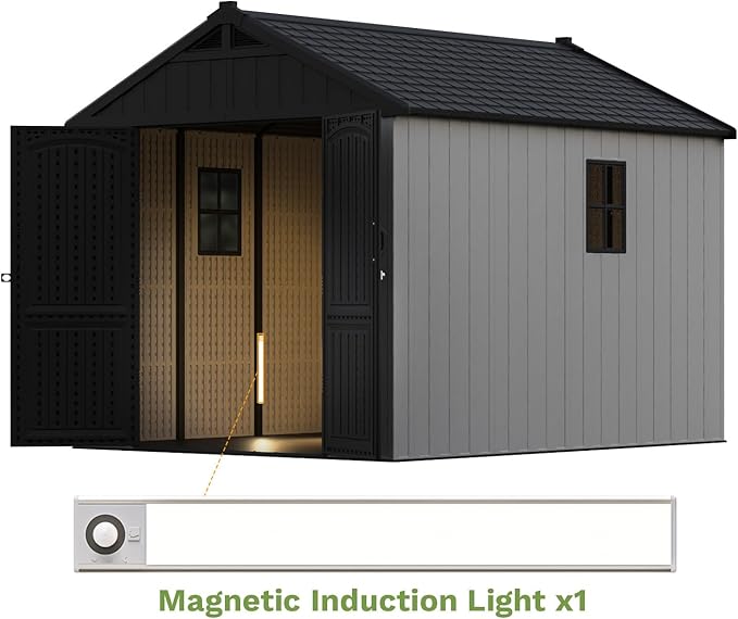 Patiowell 8 x 10 FT Resin Outdoor Storage Shed with Floor and Light, Large Plastic Barn with Lockable Door for Garden Tools, Backyard, Bike Storage, Easy Installation in Beige (Kick-it Shed)