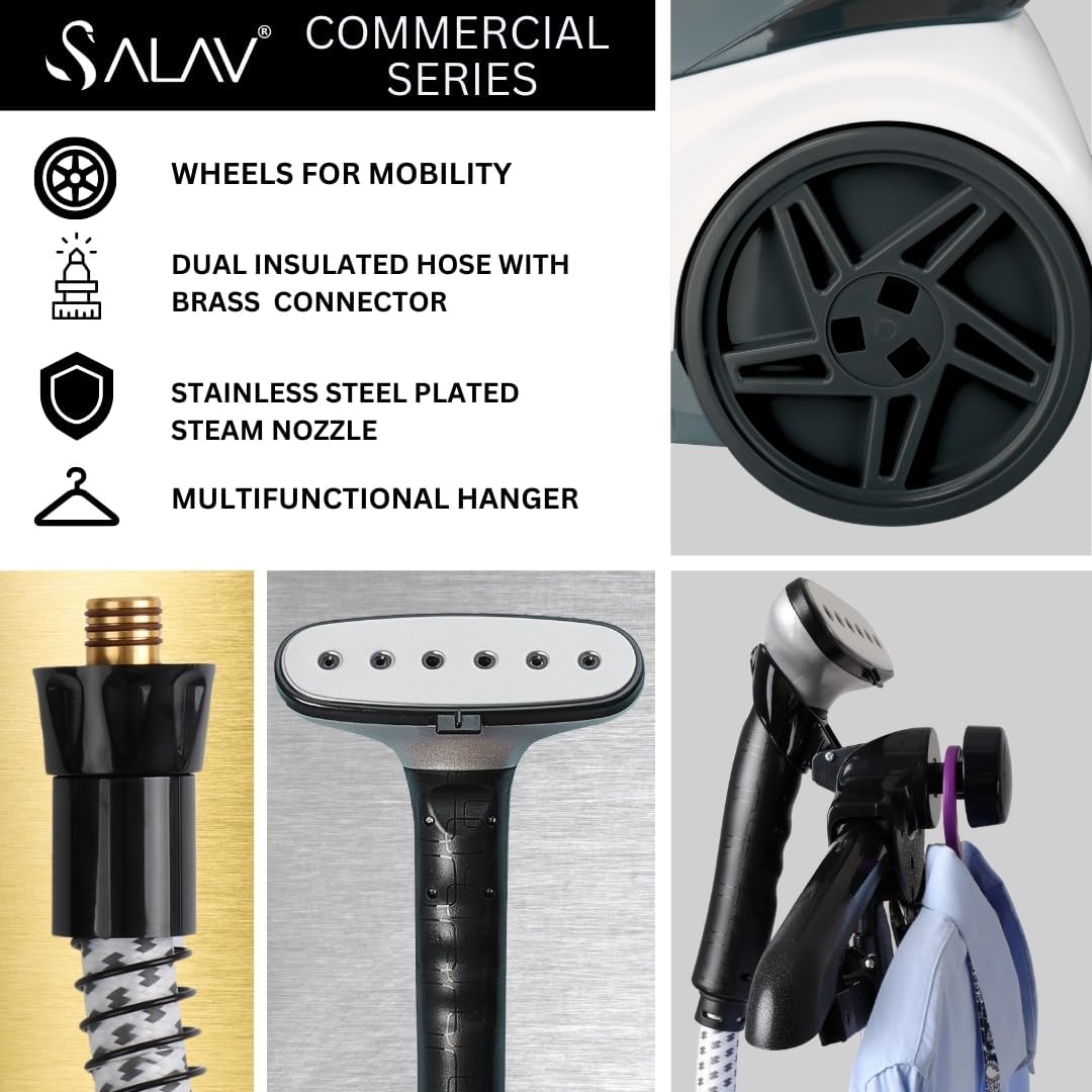 SALAV Heavy Duty Commercial Full-Size Garment Steamer with Foot Pedals and Extra Large 3L (101.5 oz) Water Tank, 1800 watts, 90+min of Continuous Steam (White)