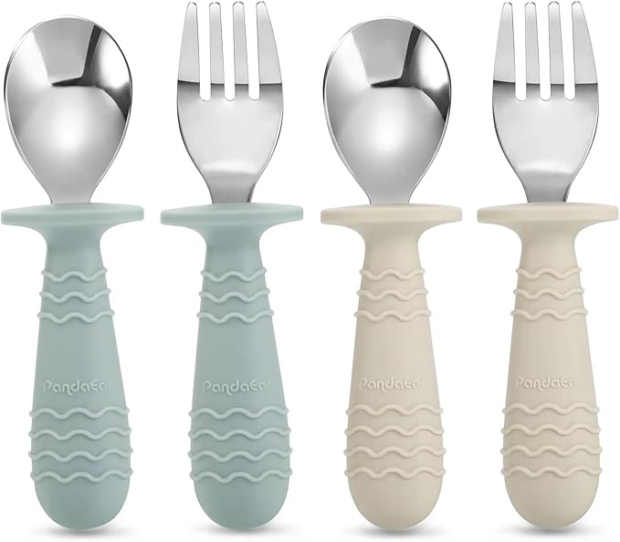 PandaEar 4 Set Baby Toddler Silicone Stainless Steel Utensils Silverware Spoon Fork for Baby Toddler BPA Free with Silicone Holding Anti-Choke Design