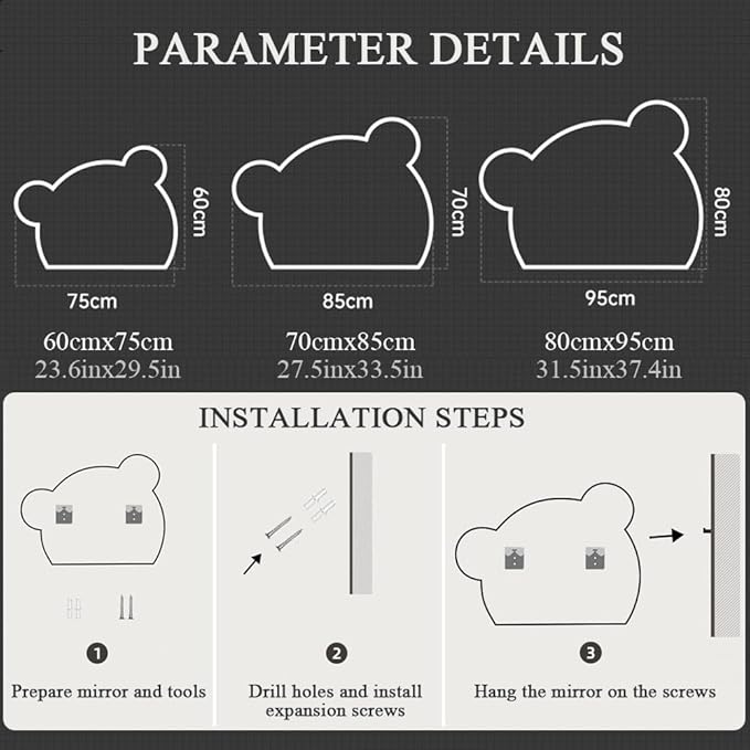 LTSRLL LED Vanity Mirror Cute Bear Decorative Mirror for Bathroom & Dressing Tabler Backlight Wall Mirror with 3 Color Dimmable Light Demister Pad Human Body Sensor Switch(Cut Down,80cmx95cm)