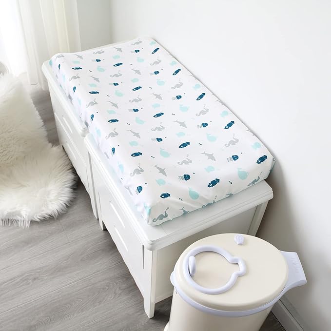 Changing Pad Cover for Boys Girls 4 Pack, Comfy & Breathable Changing Table Cover for 32''x16" Changing Table Pads, Diaper Changing Pad Cover, Dinosaurs & Ocean