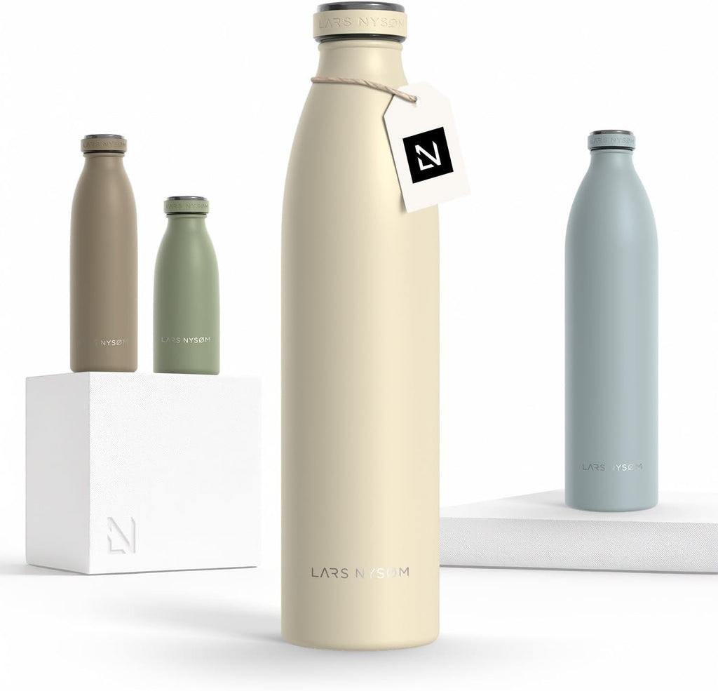 LARS NYSØM Stainless Steel Insulated Water Bottle 12oz 17oz 25oz 34oz 51oz | Insulated Thermo Flask for Hot and Cold Beverages | Leakproof Drinking Bottle (Almond Beige, 33.9oz)