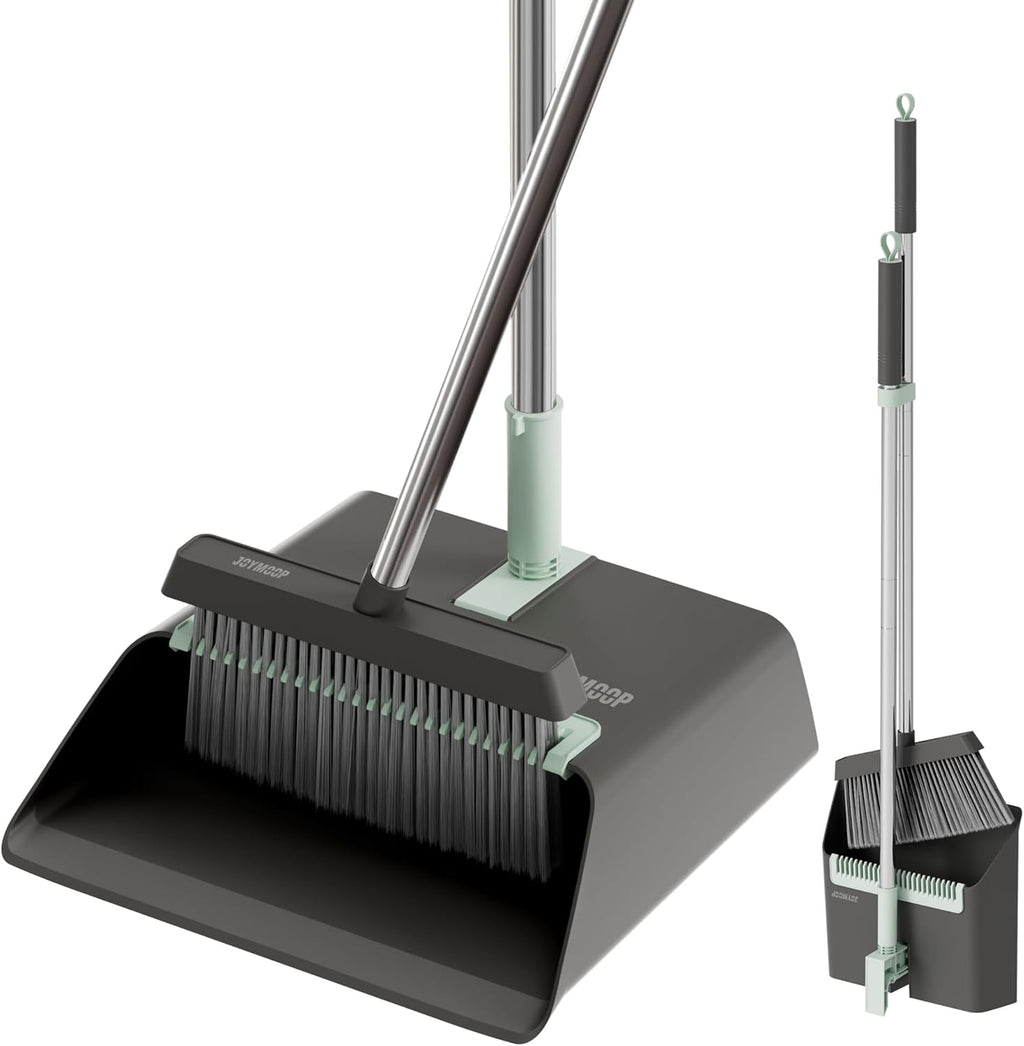 JOYMOOP Black Broom and Dustpan Set with 56” Handle, Upright Angle Design for Pet Hair and Hard Floor Sweeping