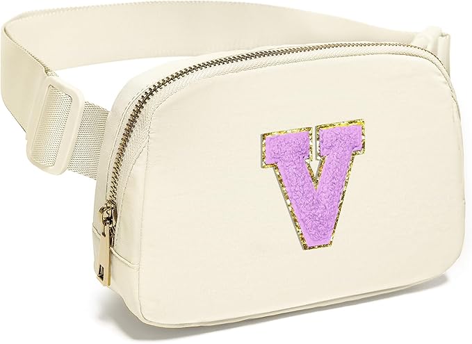 Gitus Gifts for 8 9 10 11 12 Year Old Girls Belt Bag Fanny Pack Crossbody Bags with Initial Letter Patch Cute Stuff Birthday Gifts for Teen Girls Women Personalized Trend Stuff (Ivory-V)