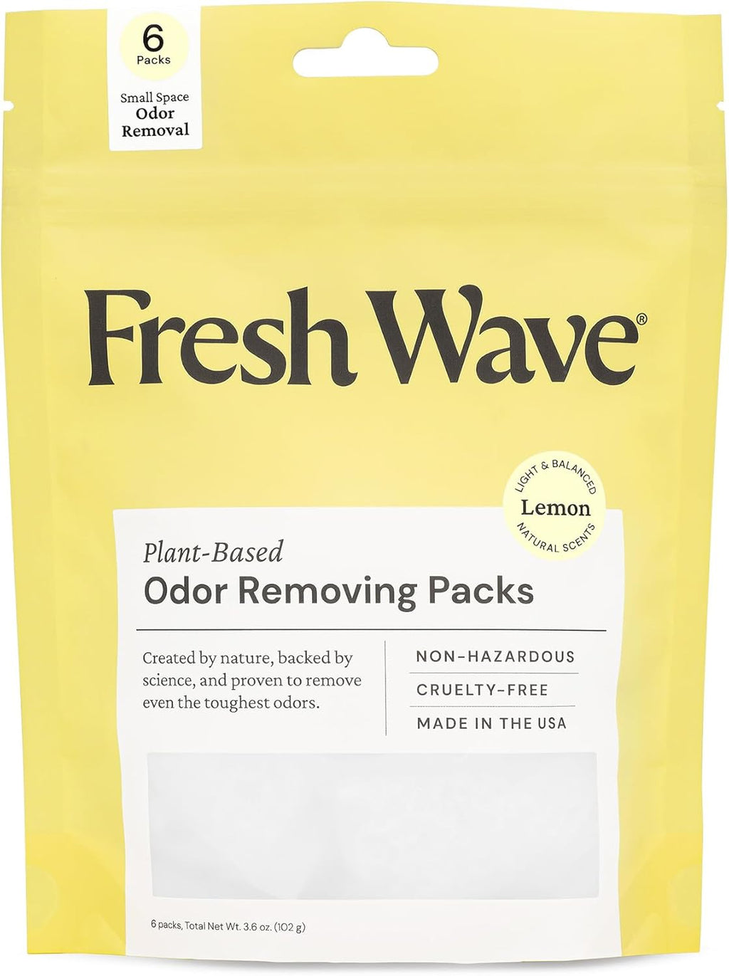 Fresh Wave Lemon Odor Eliminating & Deodorizing Packs | Bag of 6 | Safer Odor Relief for Small Spaces | Natural Plant-Based Odor Eliminator | Odor Absorbers for Home