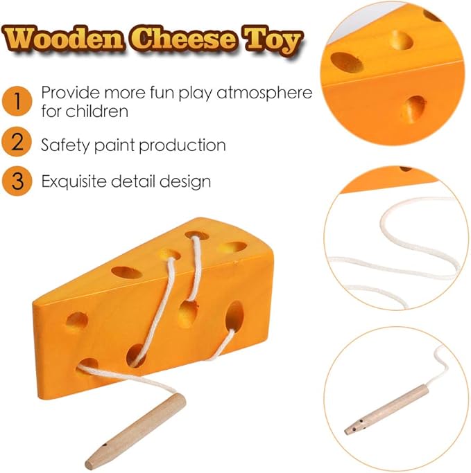 Skrtuan Wooden Lacing Cheese Threading Toy Montessori Airplane Travel Game Toys Wood Block Puzzle Fine Motor Skills Activity Learning Educational Gift for Toddlers Baby Kids 3 4 5 Years Old, 1 Cheese