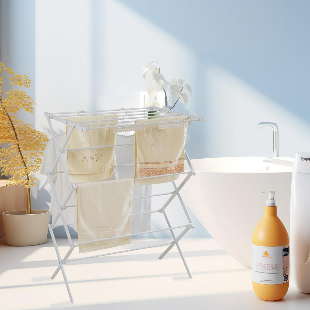 3 Tiers Foldable Clothes Drying Rack, Vertical Laundry Rack Portable and Collapsible for Storage Indoor Outdoor, Pearly White