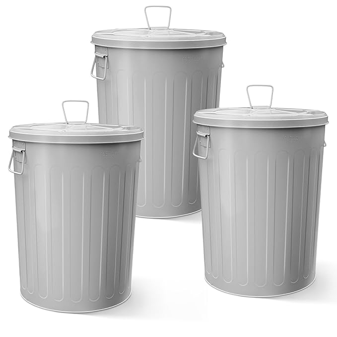 Plexon Large Metal Trash Can with Lid 20 Gallon, Decorative Outdoor Trash Can Heavy Duty Galvanized Metal Bucket with Lid for Garage Workshop Ash Storage Farmhouse, Gray 3 Pack