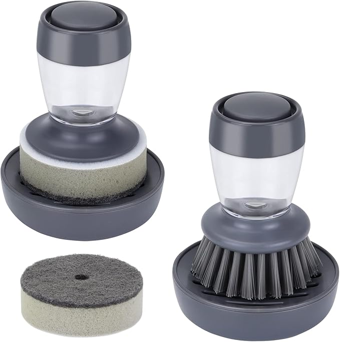 Dish Brush with Soap Dispenser, Kitchen Scrub Brush for Dishes Pots Pans Sink Cleaning, Dish Scrubber with Holder Set (Grey 2-Pack Combo Set)