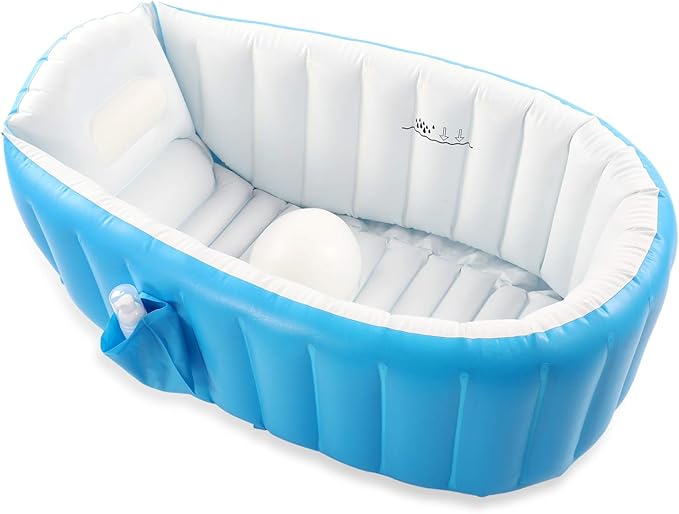 Baby Inflatable Bathtub, Portable Infant Toddler Bathing Tub Non Slip Travel Bathtub Mini Air Swimming Pool Kids Thick Foldable Shower Basin with Air Pump, Blue