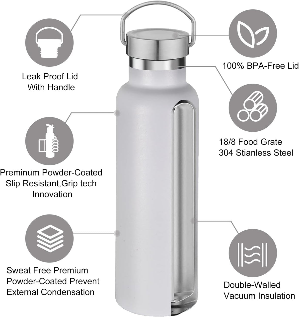 Neihepal White Stainless Steel Water Bottles,20 Ounce Vacuum Insulated Double Wall Travel Bottle with Leak Proof Lid of Handle,Metal Reusable Standard Mouth Flask Thermoses for School,Hikers,Gift