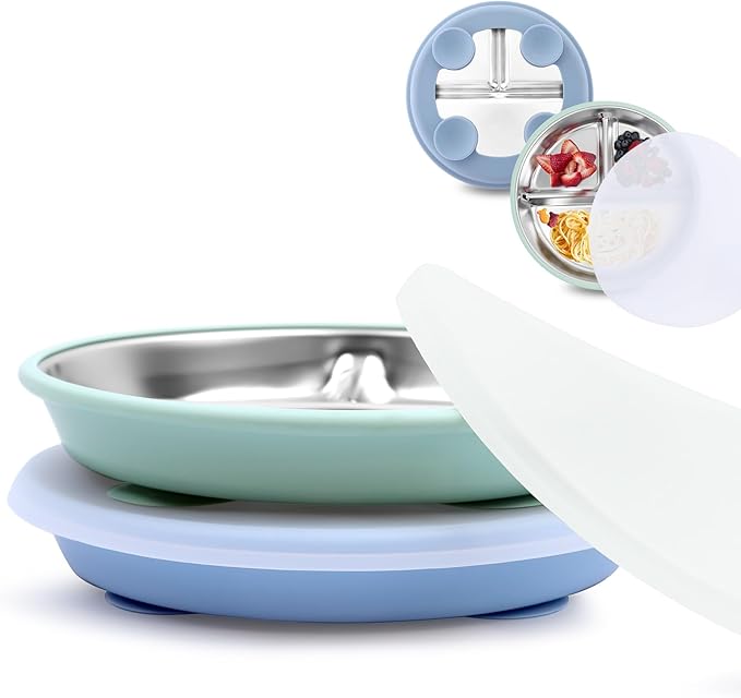 Stainless Steel Toddler Suction Plate with Lid, Deeper 9" Divided Plates with Removable Silicone Sleeves for Kids, Non Toxic & BPA Free | Unbreakable Baby Snack Dishes Set of 2, Blue & Sage