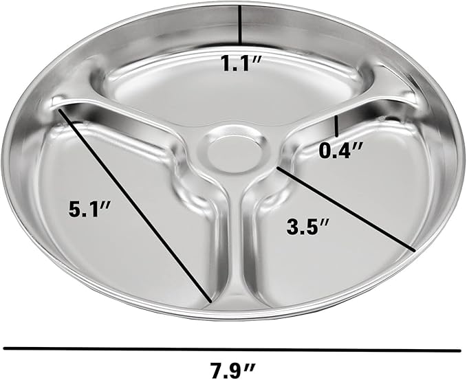 Korean Stainless Steel Divided Round Plates, Little Kids Toddlers Babies Tray, BPA Free, Diet Control, Camping Dishes, 8 Inch Compact Serving Platter, 3 Compartment Plate, Set of 2