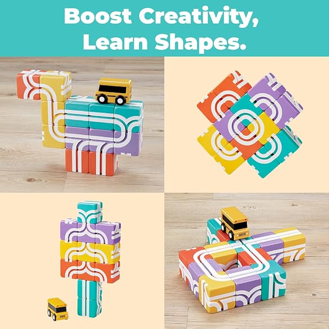 QBI Magnetic Blocks STEM Toys for Toddlers Aged 1+ Year Old Boys & Girls｜3D Colorful Magnetic Building Blocks with School Bus｜Magnet Block for Kids｜Educational & Montessori Preschool Kids Toy (13PCS)