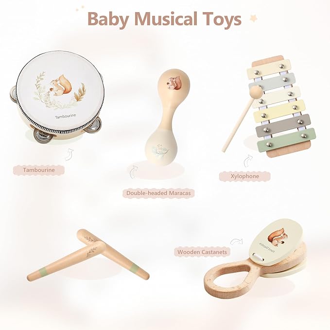 Baby Wooden Montessori Musical Instruments Set for Toddlers - Neutral Colors Percussion Set With Modern Boho Xylophone Tambourine - Educational Toys for Preschool Kids