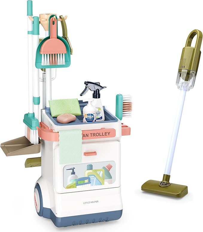 Kids Cleaning Set for Toddlers, Detachable 20 Pcs Pretend Play Set, Educational Toddler Cleaning Carts Includes Real Working Vacuum Cleaner, Broom, Spray Bottle and More