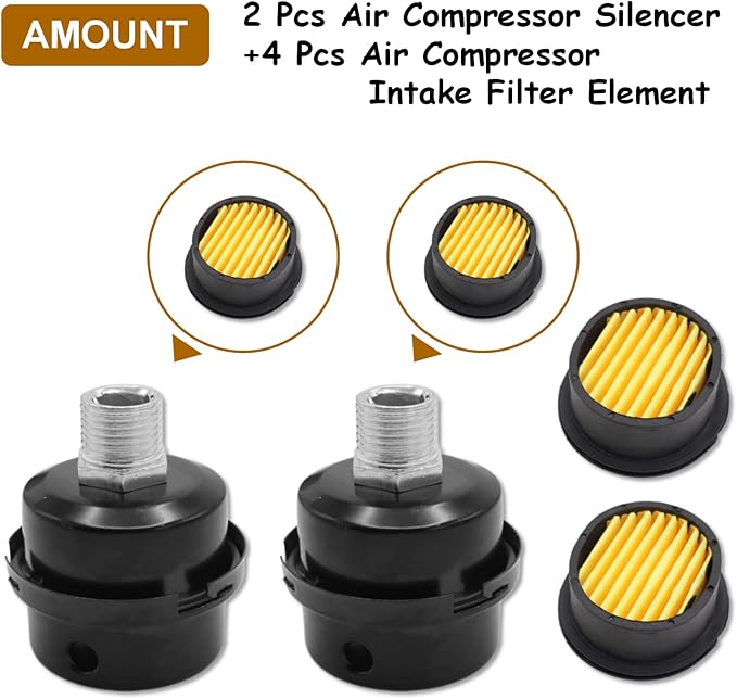 Pack of 2 Air Compressor Silencer with Replacement Elements, 1/2" Thread Air Compressor Intake Filter Silencer, 20mm Metal Air Compressor Filter Noise Muffler Replacement Parts