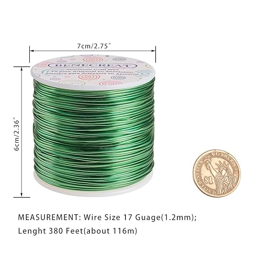 BENECREAT 12 17 18 Gauge Aluminum Wire (17 Gauge,380FT) Anodized Jewelry Craft Making Beading Floral Colored Aluminum Craft Wire - Green