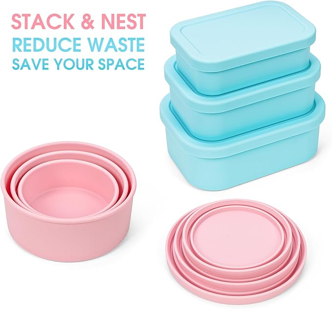 Nesting 100% Silicone Food Storage Containers with Lid & Measuring Line, 6 Pack, Leakproof Stackable Silicone Containers for Food Lunch Snack, Microwave Freezer Dishwasher Safe, Light Blue/Pink