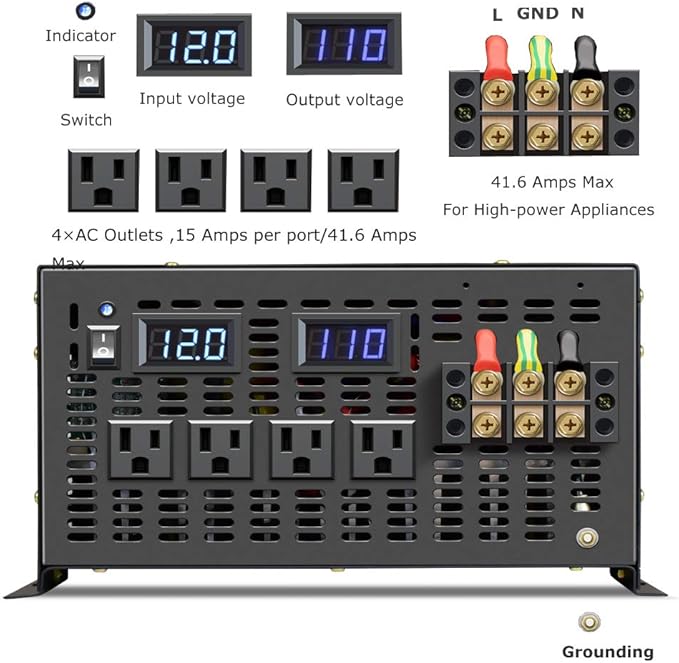 WZRELB Pure Sine Wave 5000W (10000W Surge) 12V Power Inverter DC to AC Power - Solar, RV (RBP-500012)