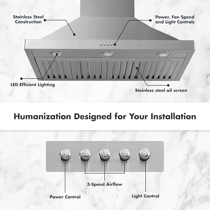 VAV Upgraded 48 inch Wall Mount Range Hood Vent Convertible Dual Motors 1500CFM Stainless Steel for Kitchen 4 Speed Exhaust Fan ETL listed (Upgraded Dual Motors)