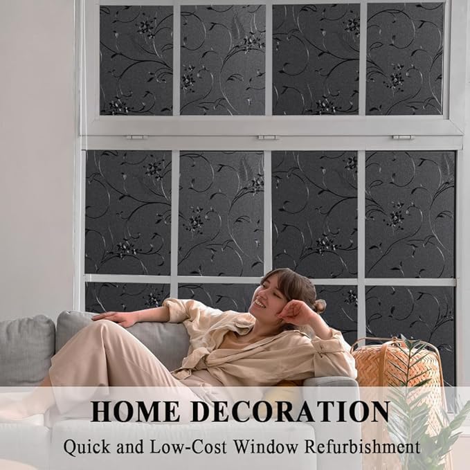Mikomer Total Blackout Window Film,100% Light Blocking Privacy Glass Door Film Etched Flowers,Room Darkening Window Cling,No Glue/Heat Control/Anti UV for Day Sleep & High Privacy,17.5In. by 78.7In.