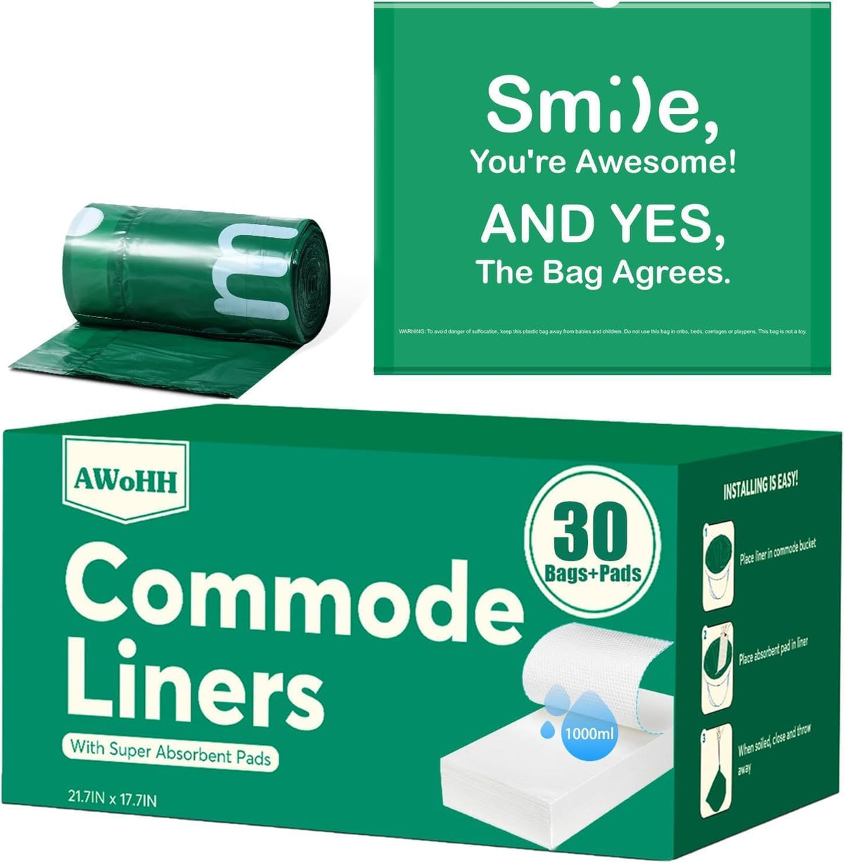 Commode Liners with Absorbent Pads, 30Pack Tear-Free Leak-Proof Bedside Commode Liners, Universal Disposable Commode/Bed Pan Liners for Bedside Commode, Standard Toilet, Chair Bucket(30Bags+30Pads)