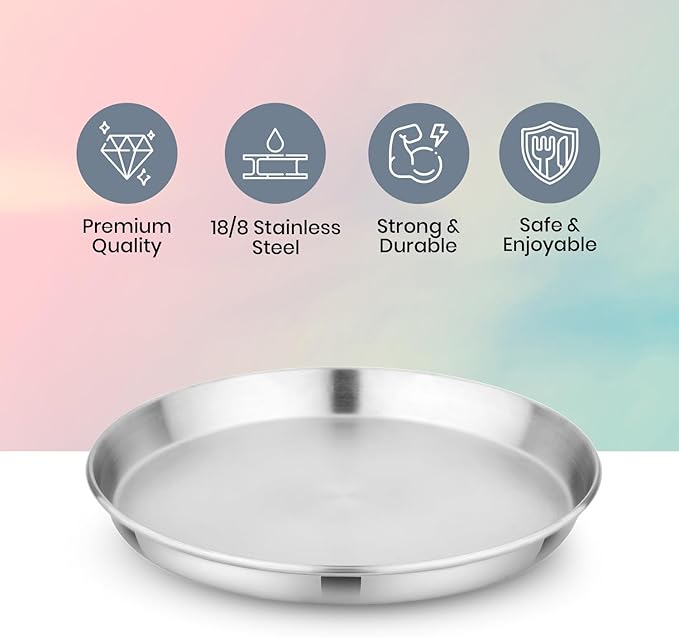 Children's 304 Stainless Steel Four (4) Piece Plate Set, 21 cm, Matte Finish, Plates for Kids, Toxin Free Stainless Steel Dinnerware Set, Non-Divided Plates, 100% BPA Free