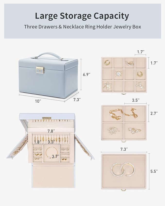 Vlando Jewelry Box for Girls, 4-Tier Jewelry Organizer with Lock, Mirror Jewelry Box for Earring, Ring, Necklace and Bracelets - Blue