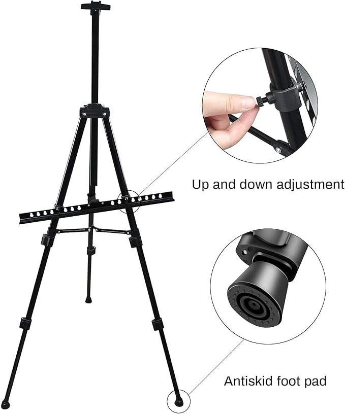 Art Artist Easel Stand for Sign,RRFTOK Metal Tripod Adjustable Easels for Painting Canvases Height from 21" to 66" with Reinforced Triangle,Carry Bag for Table-Top/Floor Drawing and Displaying,Black